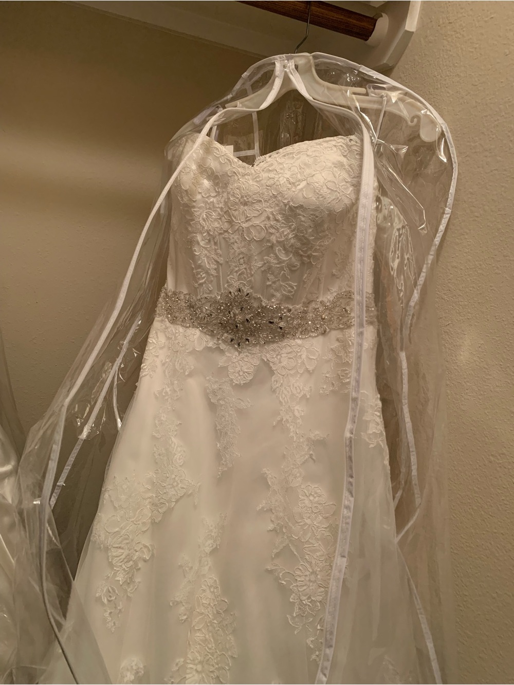Strapless White Lace Wedding Gown with Beaded Waist
